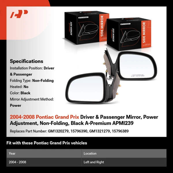 2004-2008 Pontiac Grand Prix Driver & Passenger Mirror, Power Adjustment, Non-Folding, Black A-Premium APMI239