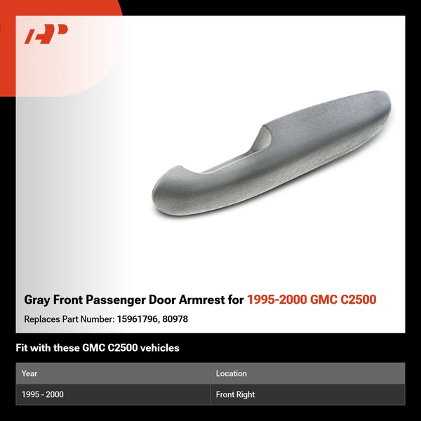 Gray Front Passenger Door Armrest for 1995-2000 GMC C2500