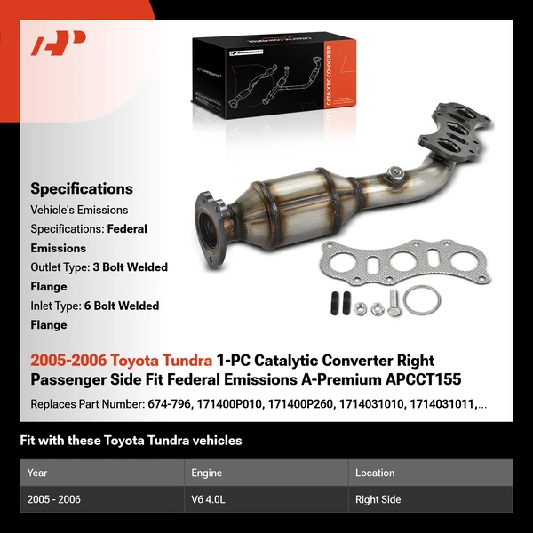 2005-2006 Toyota Tundra 1-PC Catalytic Converter Right Passenger Side Fit Federal Emissions A-Premium APCCT155