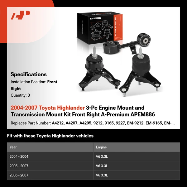 2004-2007 Toyota Highlander 3-Pc Engine Mount and Transmission Mount Kit Front Right A-Premium APEM886