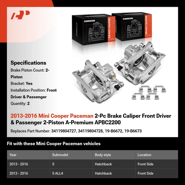 2013-2016 Mini Cooper Paceman 2-Pc Brake Caliper Front Driver & Passenger 2-Piston A-Premium APBC2200