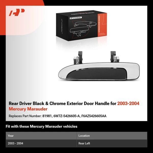 Rear Driver Black & Chrome Exterior Door Handle for 2003-2004 Mercury Marauder