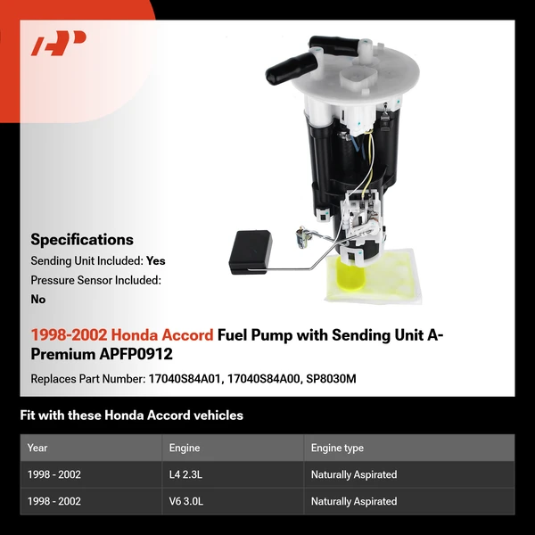 1998-2002 Honda Accord Fuel Pump with Sending Unit A-Premium APFP0912