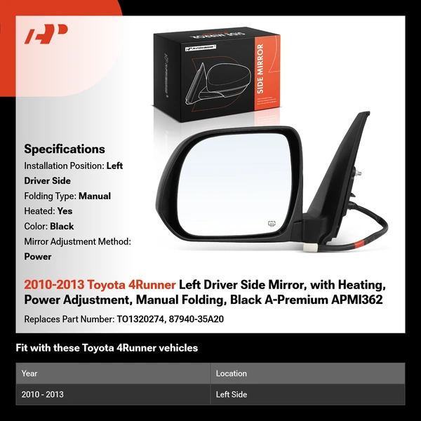 2010-2013 Toyota 4Runner Left Driver Side Mirror, with Heating, Power Adjustment, Manual Folding, Black A-Premium APMI362