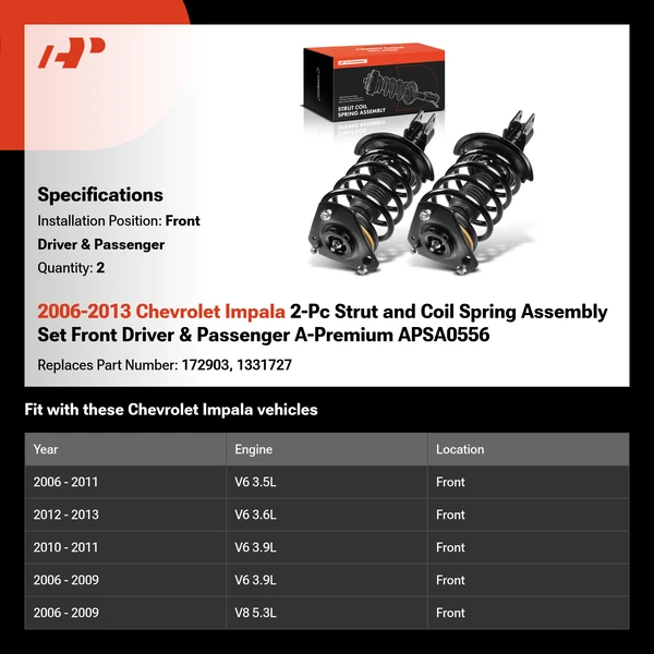 2006-2013 Chevrolet Impala 2-Pc Strut and Coil Spring Assembly Set Front Driver & Passenger A-Premium APSA0556