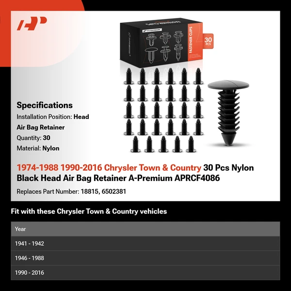 1974-1988 1990-2016 Chrysler Town & Country 30 Pcs Nylon Black Head Air Bag Retainer A-Premium APRCF4086