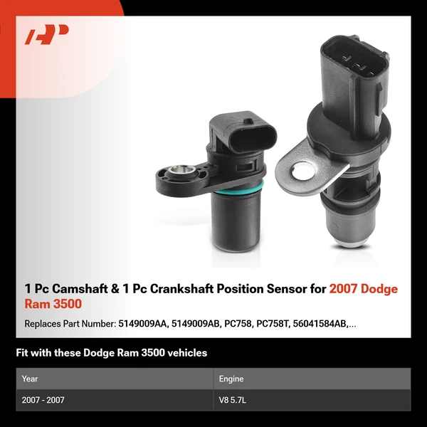 1 Pc Camshaft & 1 Pc Crankshaft Position Sensor for 2007 Dodge Ram 3500