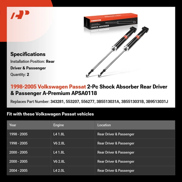1998-2005 Volkswagen Passat 2-Pc Shock Absorber Rear Driver & Passenger A-Premium APSA0118