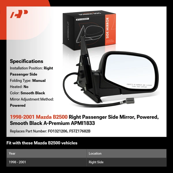 1998-2001 Mazda B2500 Right Passenger Side Mirror, Powered, Smooth Black A-Premium APMI1833