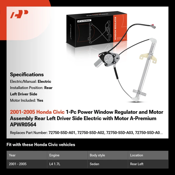 2001-2005 Honda Civic 1-Pc Power Window Regulator and Motor Assembly Rear Left Driver Side Electric with Motor A-Premium APWR0564