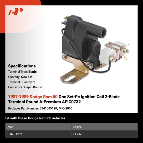 1987-1989 Dodge Ram 50 One Set-Pc Ignition Coil 2-Blade Terminal Round A-Premium APIC0732