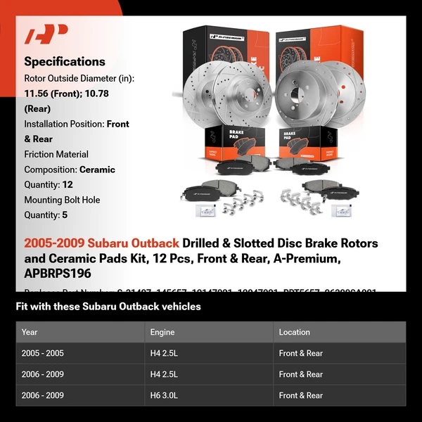2005-2009 Subaru Outback Drilled & Slotted Disc Brake Rotors and Ceramic Pads Kit, 12 Pcs, Front & Rear, A-Premium, APBRPS196