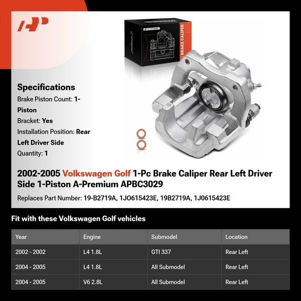 2002-2005 Volkswagen Golf 1-Pc Brake Caliper Rear Left Driver Side 1-Piston A-Premium APBC3029