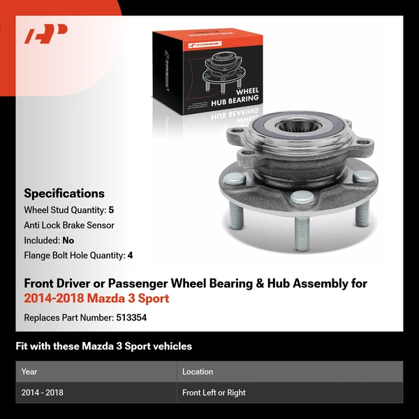 Front Driver or Passenger Wheel Bearing & Hub Assembly for 2014-2018 Mazda 3 Sport