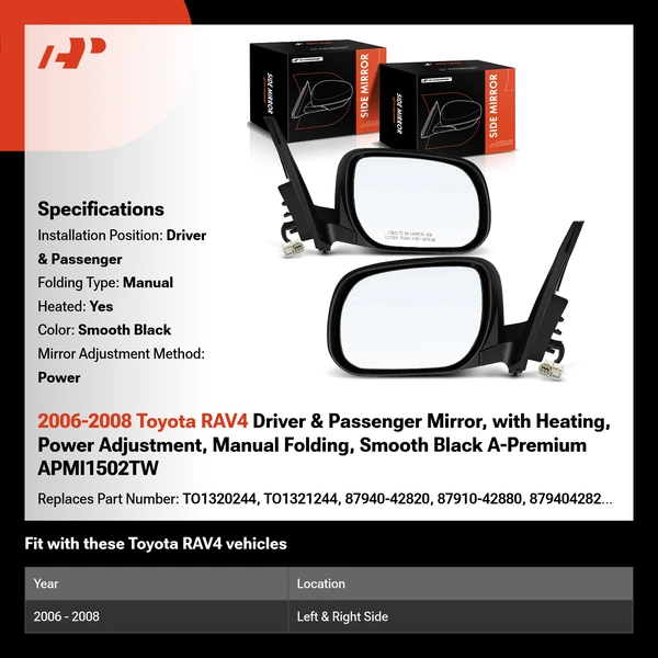 2006-2008 Toyota RAV4 Driver & Passenger Mirror, with Heating, Power Adjustment, Manual Folding, Smooth Black A-Premium APMI1502TW