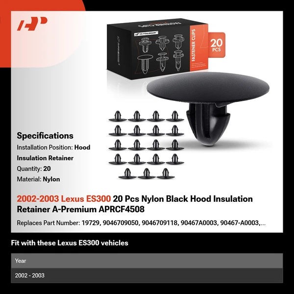 2002-2003 Lexus ES300 20 Pcs Nylon Black Hood Insulation Retainer A-Premium APRCF4508