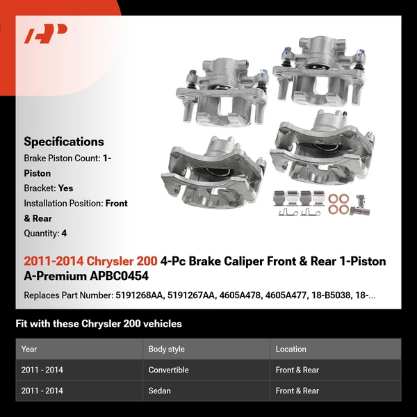 2011-2014 Chrysler 200 4-Pc Brake Caliper Front & Rear 1-Piston A-Premium APBC0454