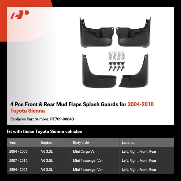 4 Pcs Front & Rear Mud Flaps Splash Guards for 2004-2010 Toyota Sienna