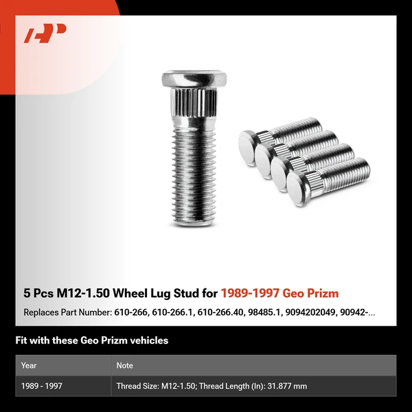 5 Pcs M12-1.50 Wheel Lug Stud for 1989-1997 Geo Prizm
