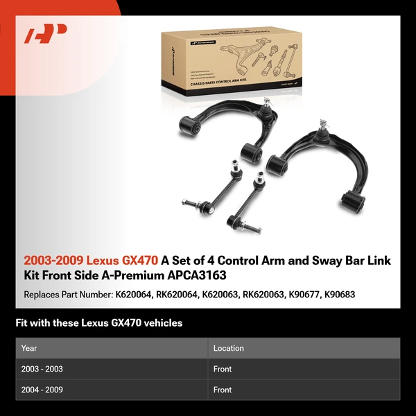 2003-2009 Lexus GX470 A Set of 4 Control Arm and Sway Bar Link Kit Front Side A-Premium APCA3163
