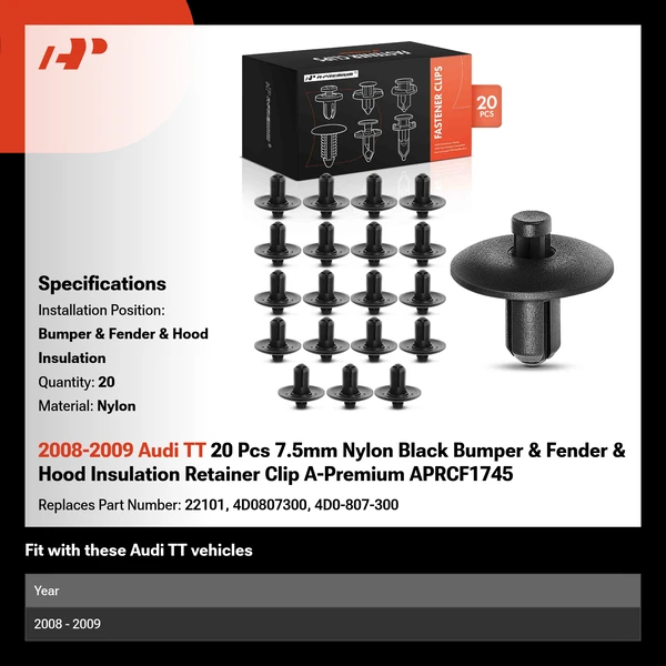 2008-2009 Audi TT 20 Pcs 7.5mm Nylon Black Bumper & Fender & Hood Insulation Retainer Clip A-Premium APRCF1745