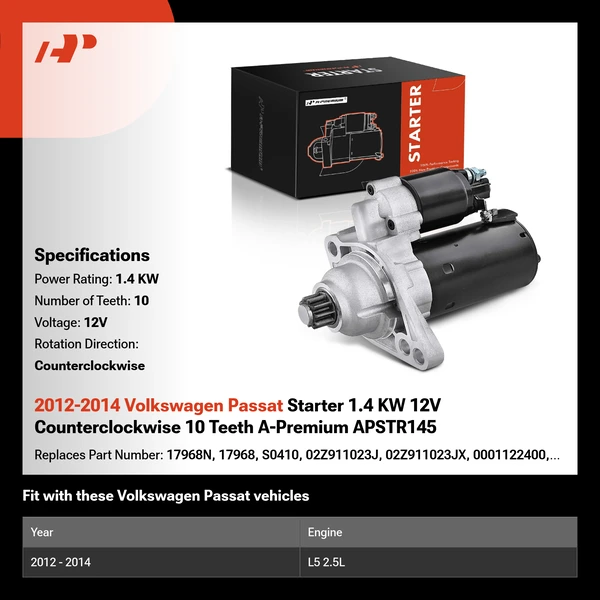 2012-2014 Volkswagen Passat Starter 1.4 KW 12V Counterclockwise 10 Teeth A-Premium APSTR145