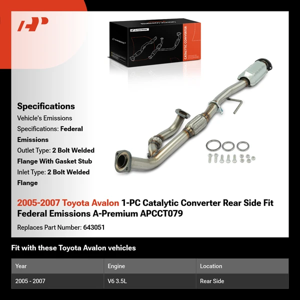 2005-2007 Toyota Avalon 1-PC Catalytic Converter Rear Side Fit Federal Emissions A-Premium APCCT079
