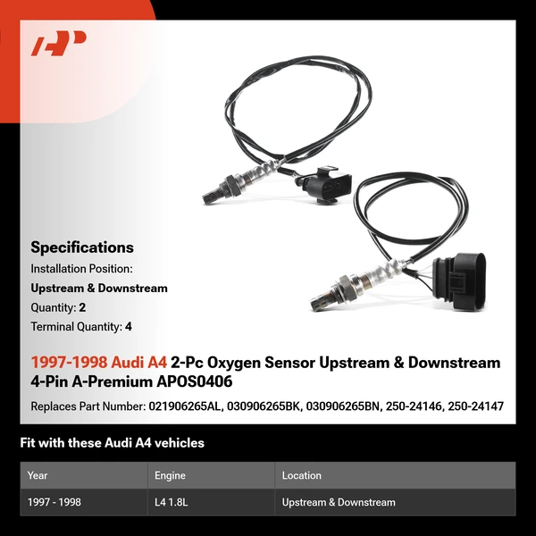 1997-1998 Audi A4 2-Pc Oxygen Sensor Upstream & Downstream 4-Pin A-Premium APOS0406