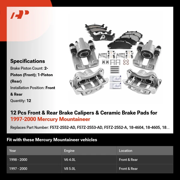 12 Pcs Front & Rear Brake Calipers & Ceramic Brake Pads for 1997-2000 Mercury Mountaineer