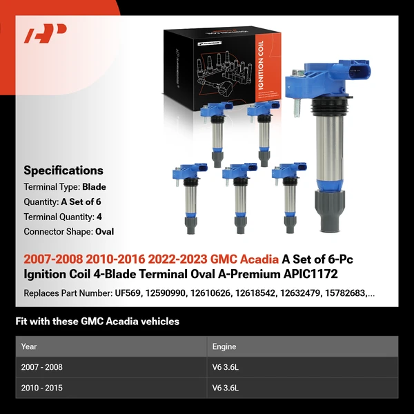 2007-2008 2010-2016 2022-2023 GMC Acadia A Set of 6-Pc Ignition Coil 4-Blade Terminal Oval A-Premium APIC1172