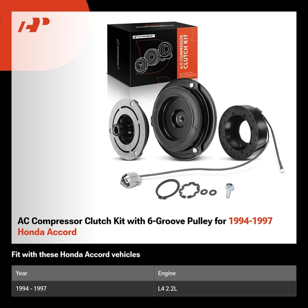 AC Compressor Clutch Kit with 6-Groove Pulley for 1994-1997 Honda Accord