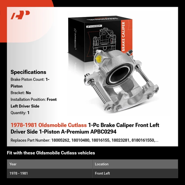 1978-1981 Oldsmobile Cutlass 1-Pc Brake Caliper Front Left Driver Side 1-Piston A-Premium APBC0294