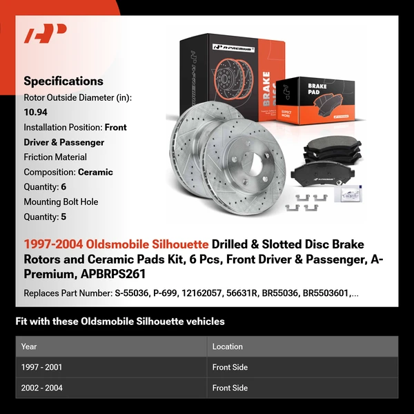 1997-2004 Oldsmobile Silhouette Drilled & Slotted Disc Brake Rotors and Ceramic Pads Kit, 6 Pcs, Front Driver & Passenger, A-Premium, APBRPS261