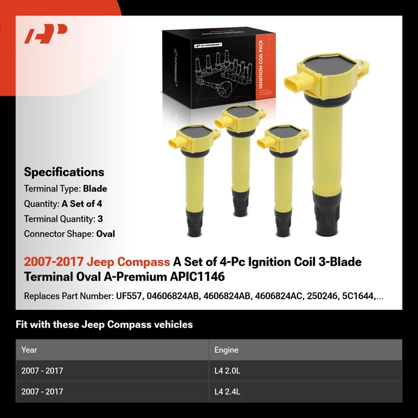 2007-2017 Jeep Compass A Set of 4-Pc Ignition Coil 3-Blade Terminal Oval A-Premium APIC1146