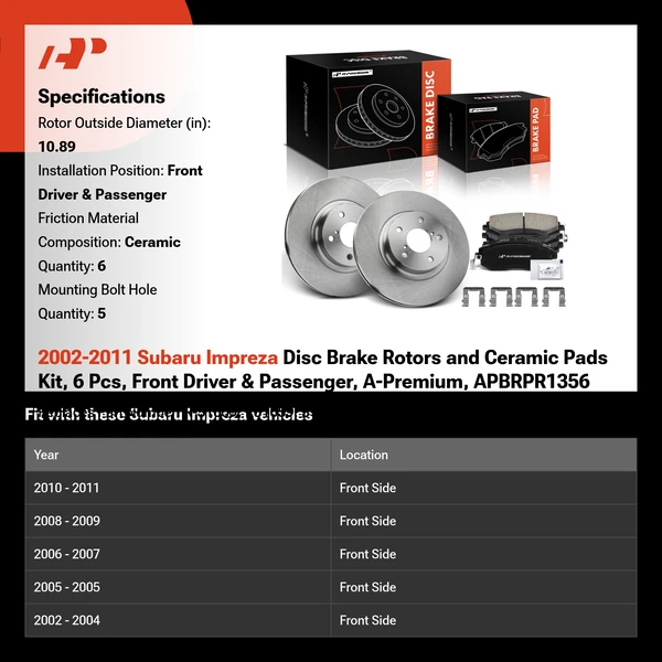 2002-2011 Subaru Impreza Disc Brake Rotors and Ceramic Pads Kit, 6 Pcs, Front Driver & Passenger, A-Premium, APBRPR1356