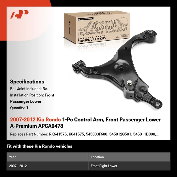 2007-2012 Kia Rondo 1-Pc Control Arm, Front Passenger Lower A-Premium APCA0478