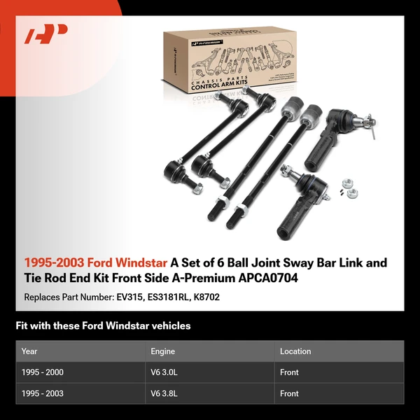 1995-2003 Ford Windstar A Set of 6 Ball Joint Sway Bar Link and Tie Rod End Kit Front Side A-Premium APCA0704
