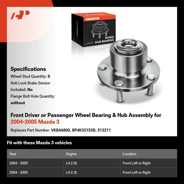 Front Driver or Passenger Wheel Bearing & Hub Assembly for 2004-2005 Mazda 3