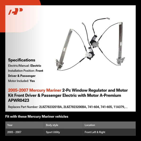 2005-2007 Mercury Mariner 2-Pc Window Regulator and Motor Kit Front Driver & Passenger Electric with Motor A-Premium APWR0423