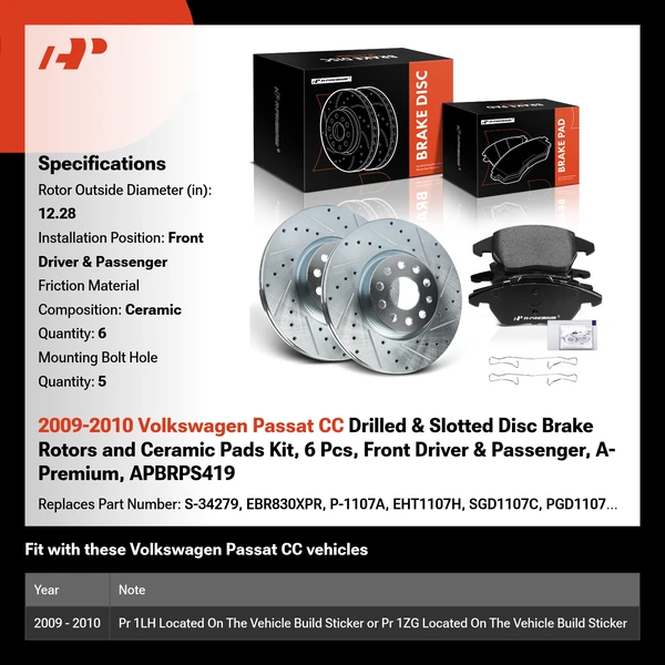 2009-2010 Volkswagen Passat CC Drilled & Slotted Disc Brake Rotors and Ceramic Pads Kit, 6 Pcs, Front Driver & Passenger, A-Premium, APBRPS419