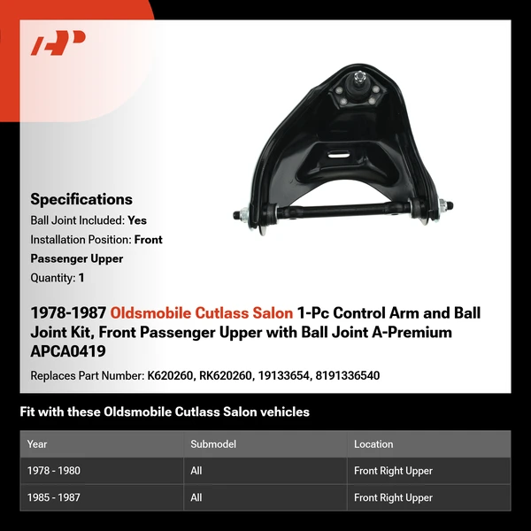 1978-1987 Oldsmobile Cutlass Salon 1-Pc Control Arm and Ball Joint Kit, Front Passenger Upper with Ball Joint A-Premium APCA0419
