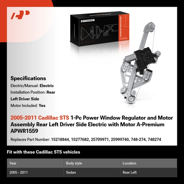 2005-2011 Cadillac STS 1-Pc Power Window Regulator and Motor Assembly Rear Left Driver Side Electric with Motor A-Premium APWR1559