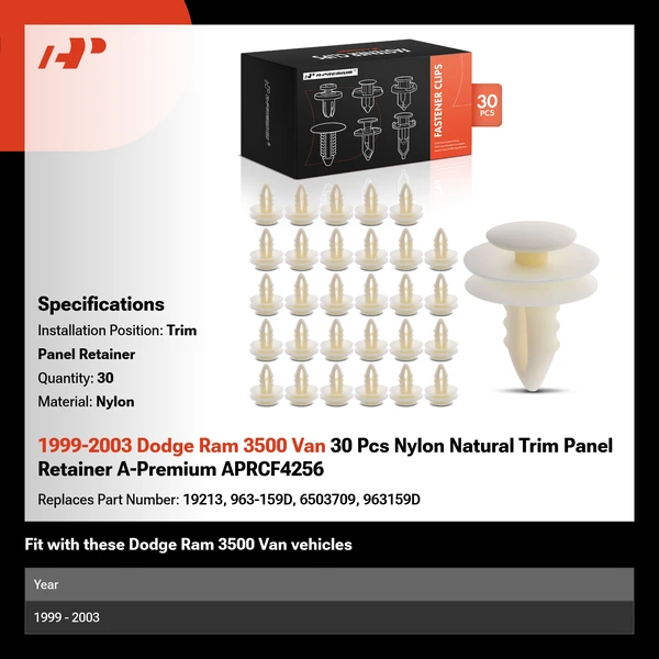 1999-2003 Dodge Ram 3500 Van 30 Pcs Nylon Natural Trim Panel Retainer A-Premium APRCF4256