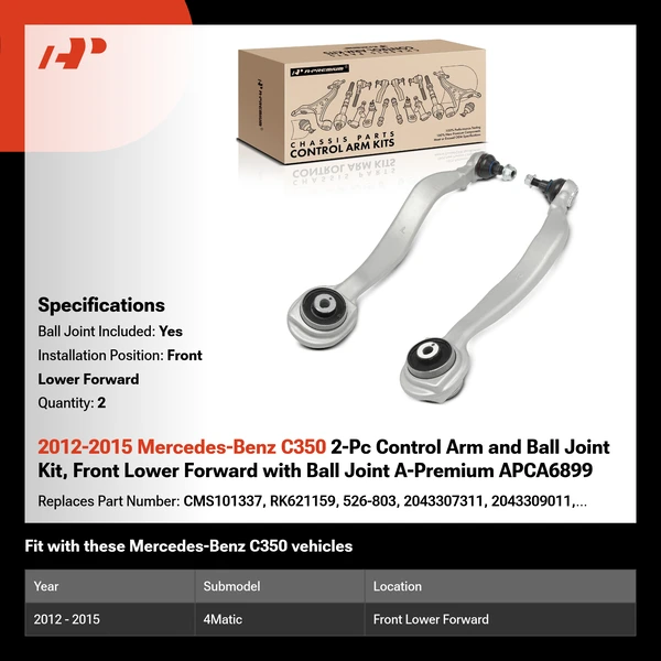 2012-2015 Mercedes-Benz C350 2-Pc Control Arm and Ball Joint Kit, Front Lower Forward with Ball Joint A-Premium APCA6899