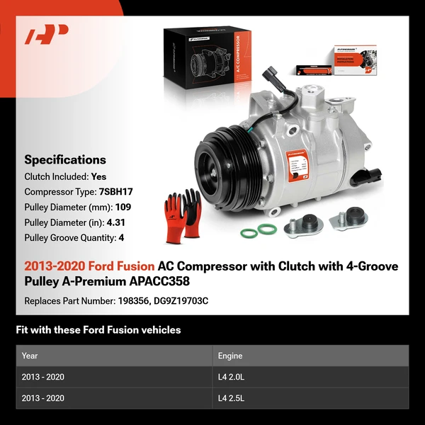 2013-2020 Ford Fusion AC Compressor with Clutch with 4-Groove Pulley A-Premium APACC358