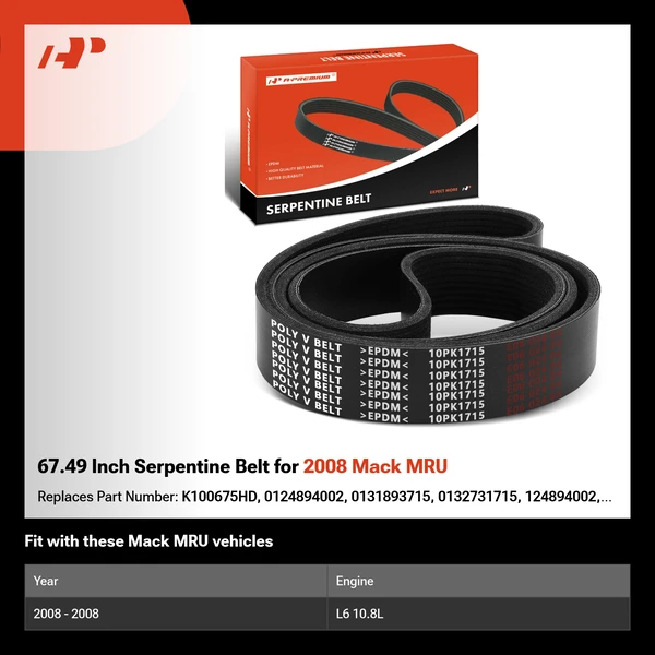 67.49 Inch Serpentine Belt for 2008 Mack MRU