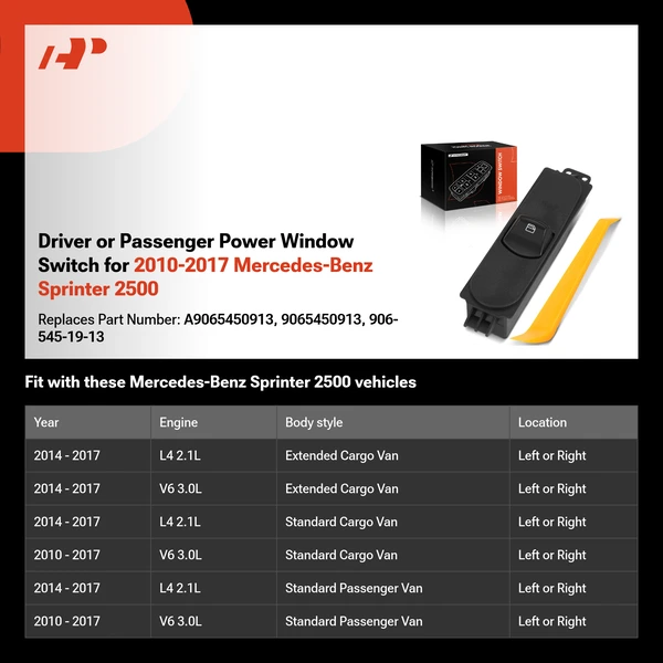 Driver or Passenger Power Window Switch for 2010-2017 Mercedes-Benz Sprinter 2500