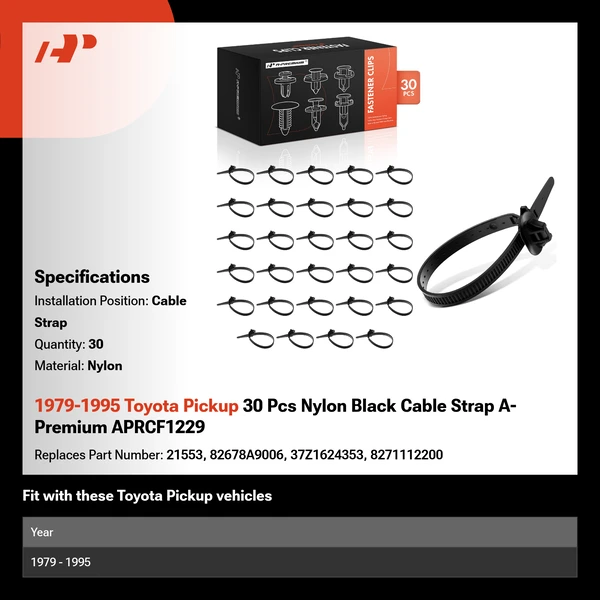 1979-1995 Toyota Pickup 30 Pcs Nylon Black Cable Strap A-Premium APRCF1229