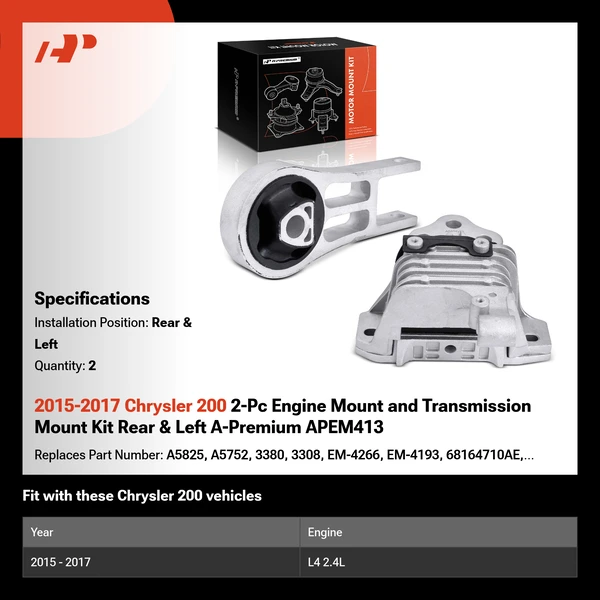2015-2017 Chrysler 200 2-Pc Engine Mount and Transmission Mount Kit Rear & Left A-Premium APEM413