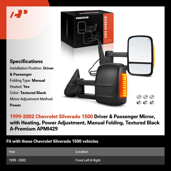 1999-2002 Chevrolet Silverado 1500 Driver & Passenger Mirror, with Heating, Power Adjustment, Manual Folding, Textured Black A-Premium APMI429